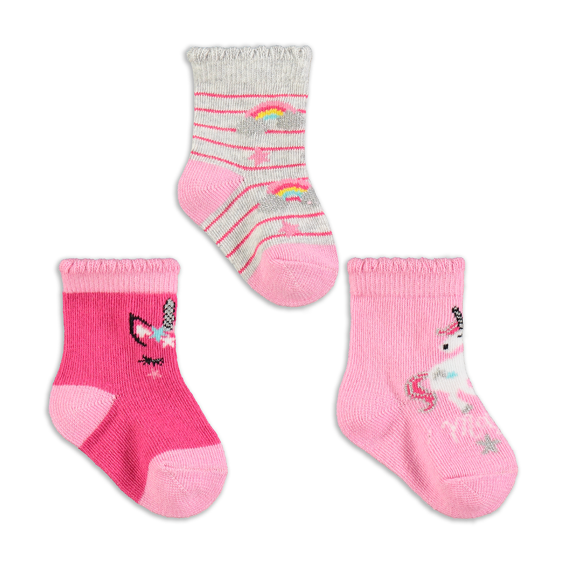 BRIGHT PINK UNICORN 3PK TG SOCKS-ASSORTED-3 - 5 1/2