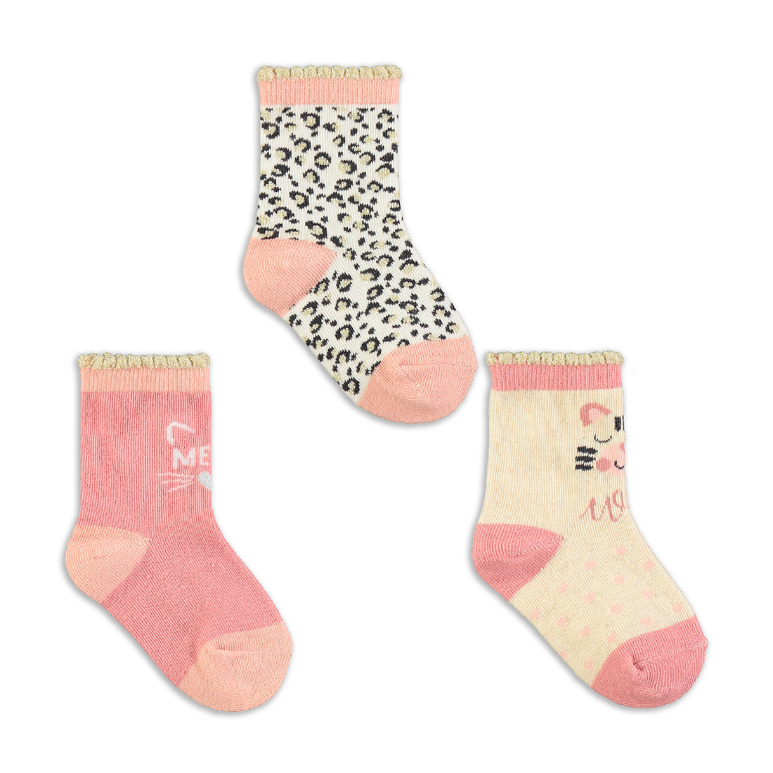 BLUSH KITTY 3PK TG SOCKS-ASSORTED-3 - 5 1/2