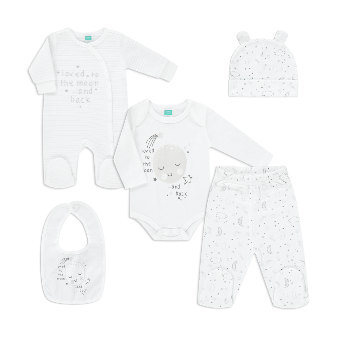 5PC SETS GREY WHITE MOON AND SUN-WHITE-TINY BABY