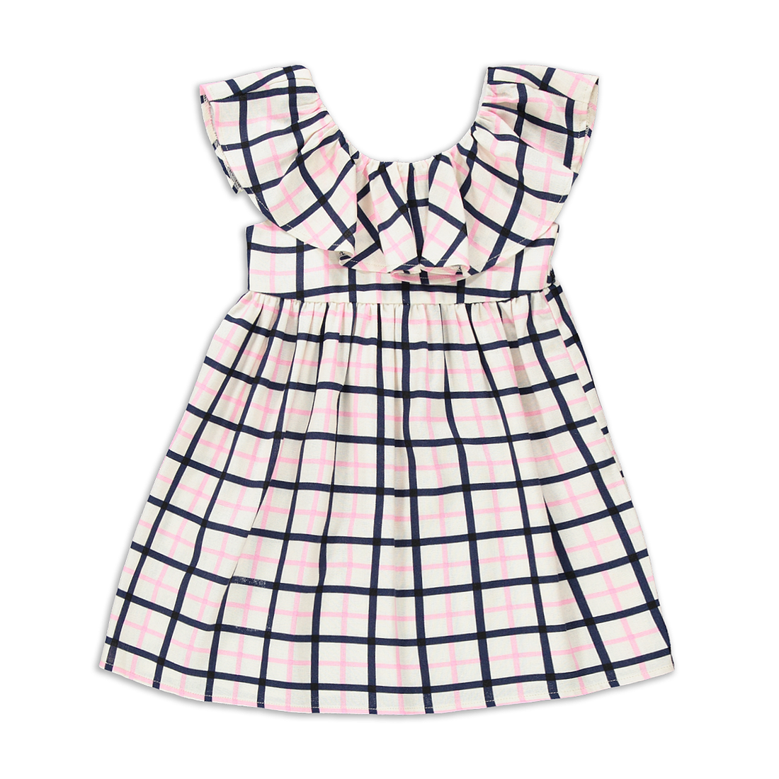 Check Fit and Flare Dress with Frill White Navy an-MILK-2-3 YRS