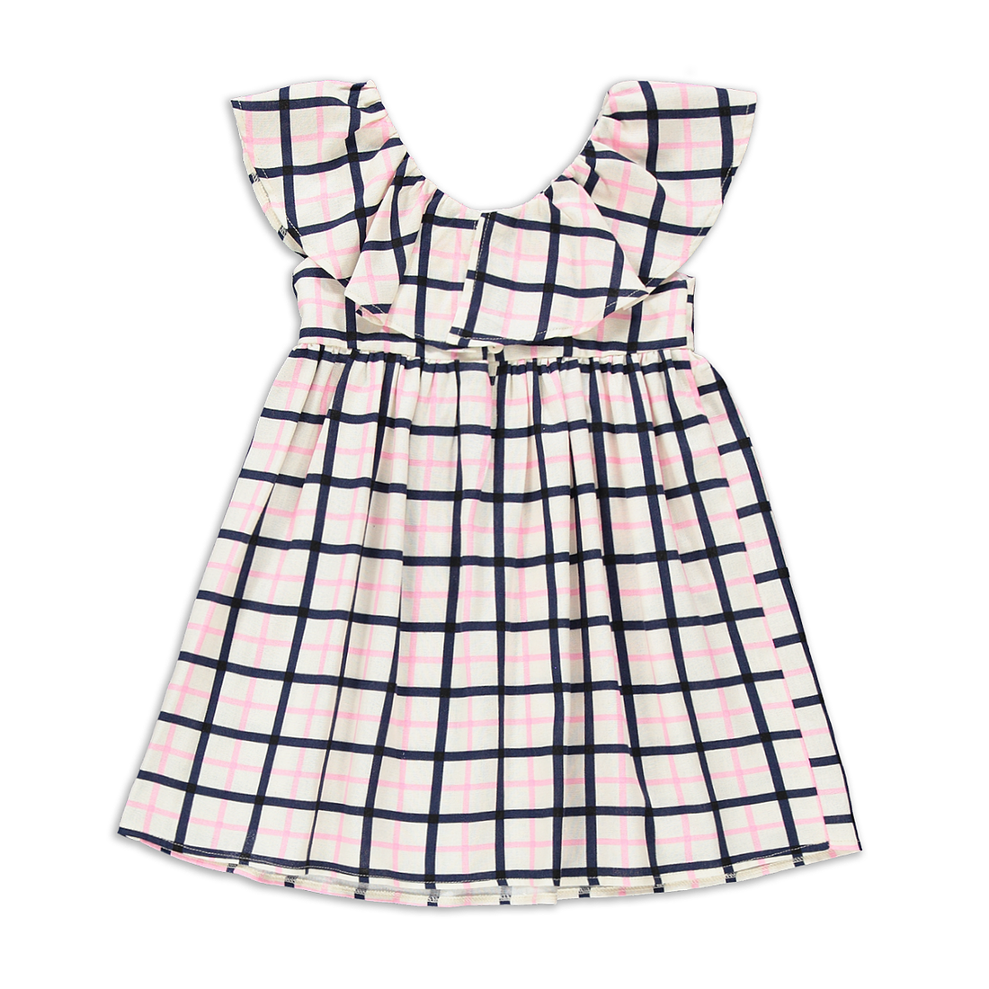 Check Fit and Flare Dress with Frill White Navy an-MILK-2-3 YRS