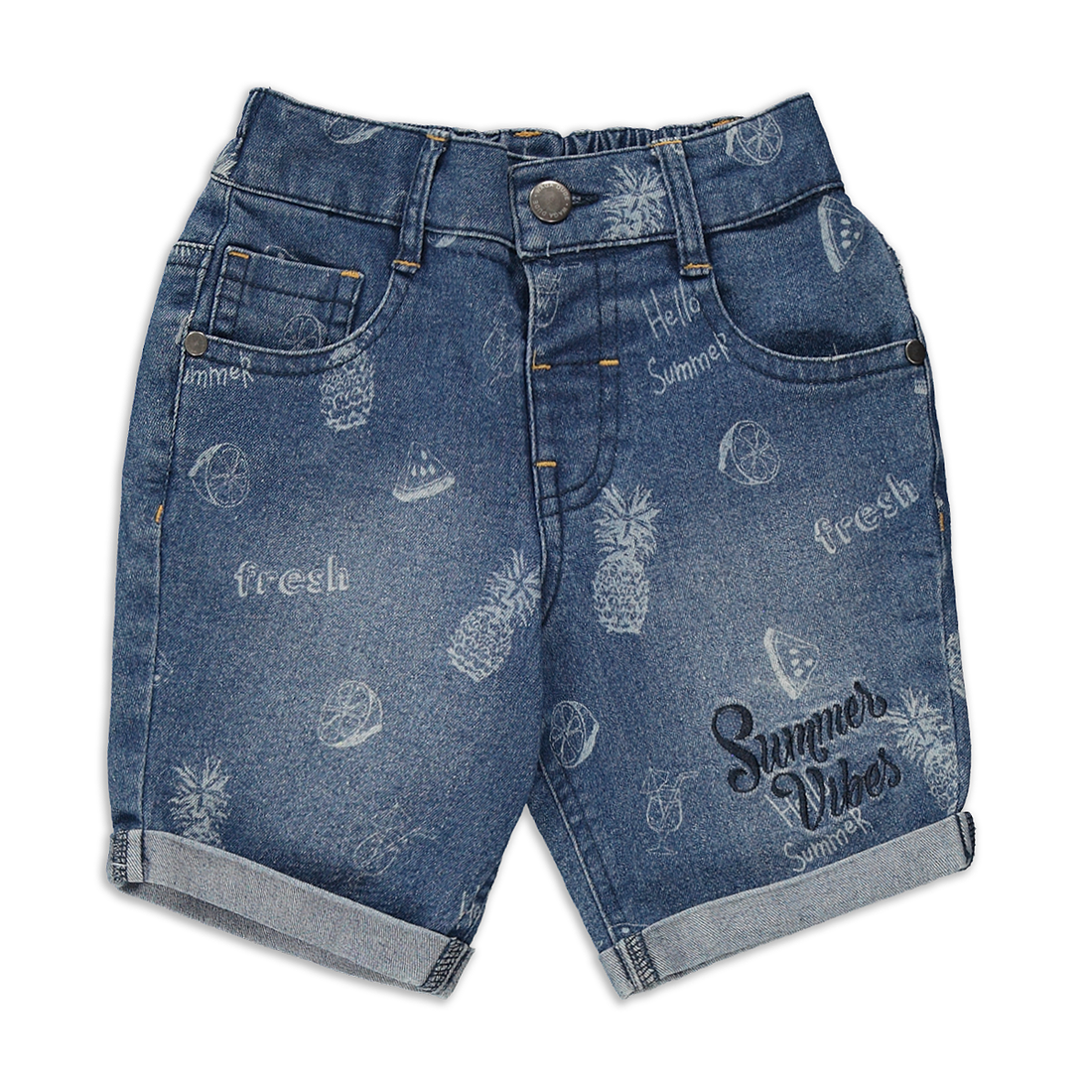 Palm print 5 pkt styled denim shorts mid blue-MID BLUE-2-3 YRS