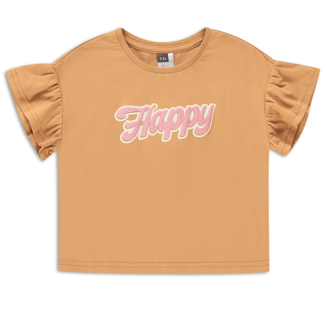 Frill Sleeve Top Slogan Tan-TAN-2-3 YRS