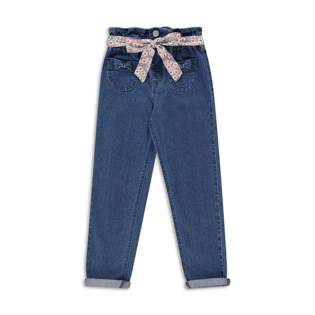 Mini Mom Bow Pocket Dark Wash-INDIGO-3-4 YRS