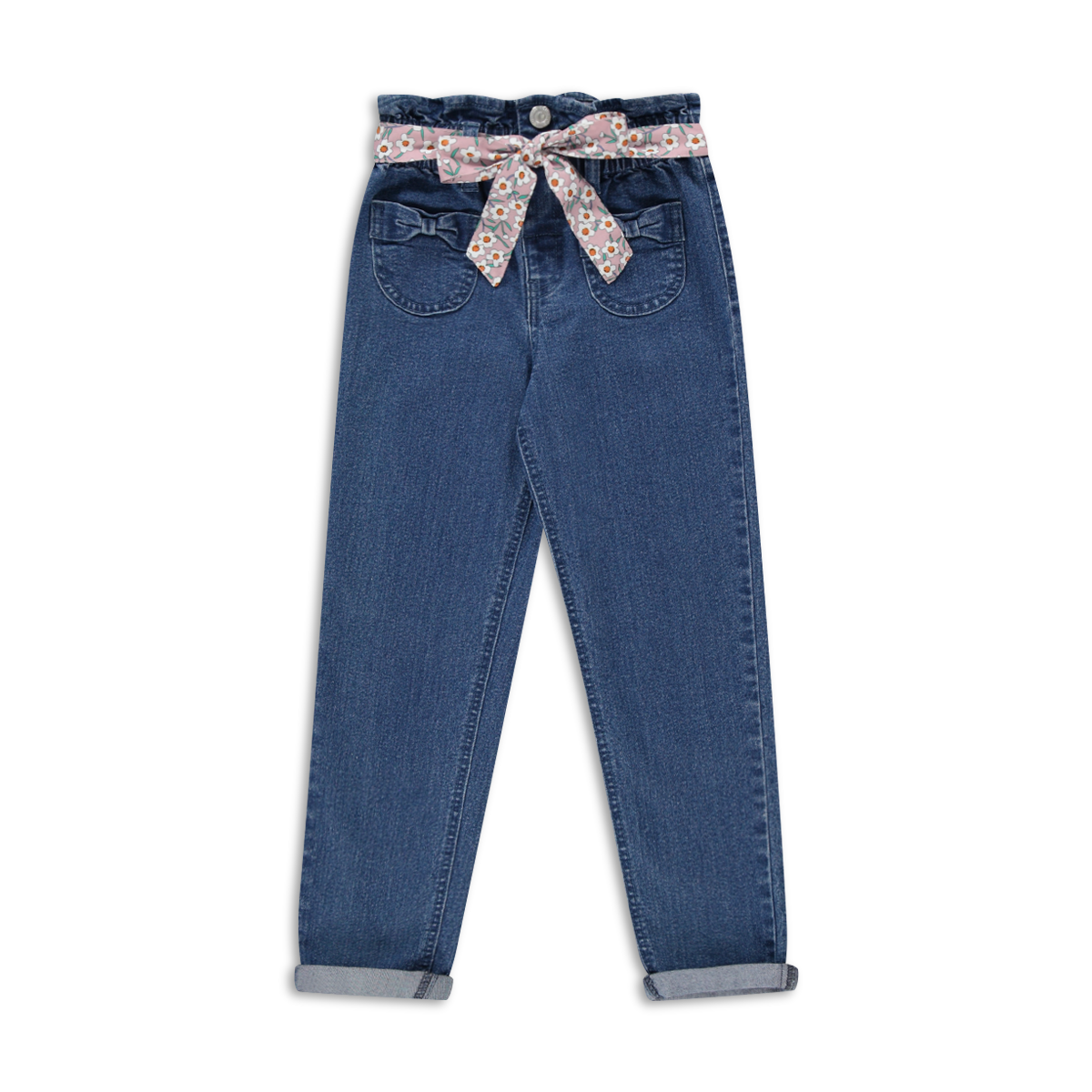 Mini Mom Bow Pocket Dark Wash-INDIGO-3-4 YRS