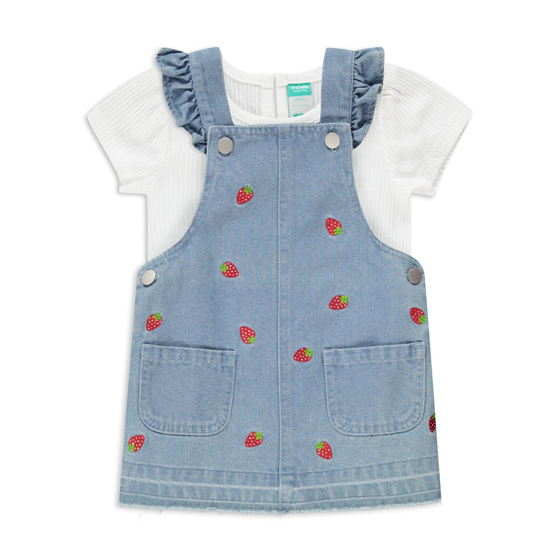 Strawberry embroidered denim pinni with rib t-shir-MID BLUE-6-12 MTHS