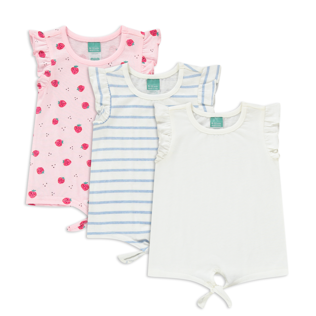 3pk strawberry tie front tshirt light pink white-LIGHT PINK-6-12 MTHS