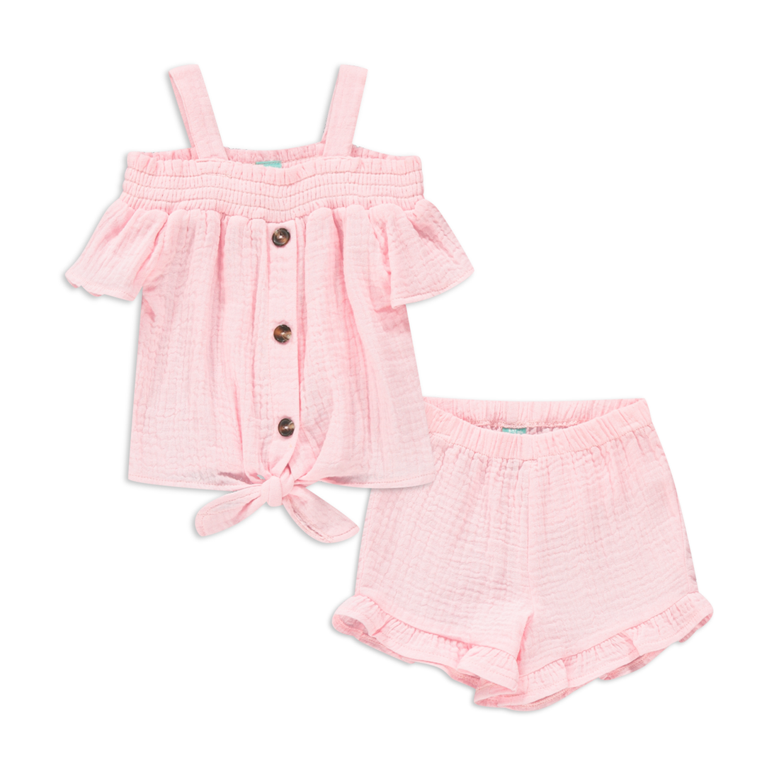 PUCKERED COTTON OFF THE SHOULDER WOVEN SET LT PINK-LIGHT PINK-3-6 MTHS