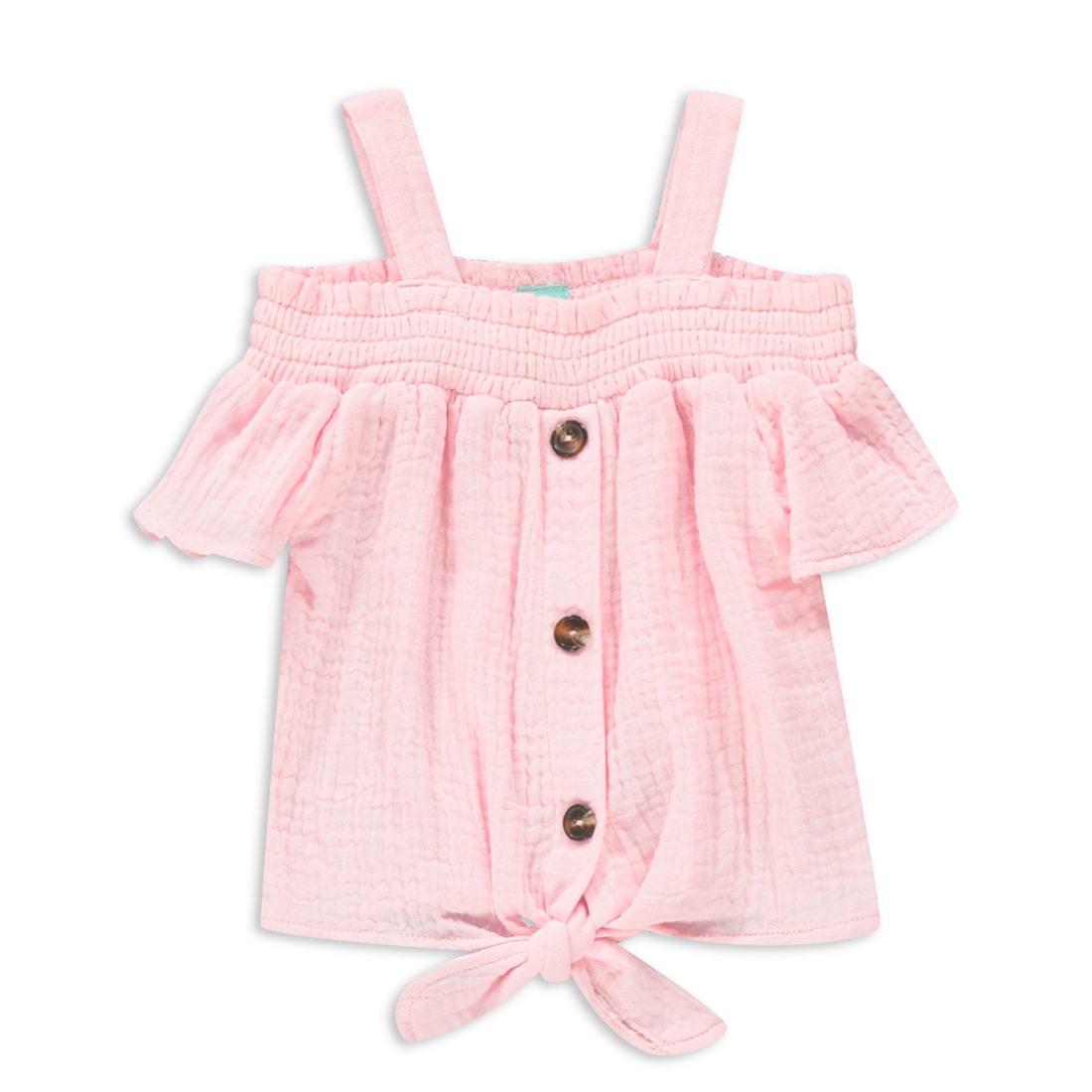 PUCKERED COTTON OFF THE SHOULDER WOVEN SET LT PINK-LIGHT PINK-3-6 MTHS