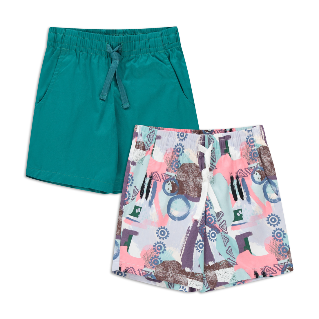 2 Pack  woven art AOP and teal shorts-MULTI-9-10 YRS