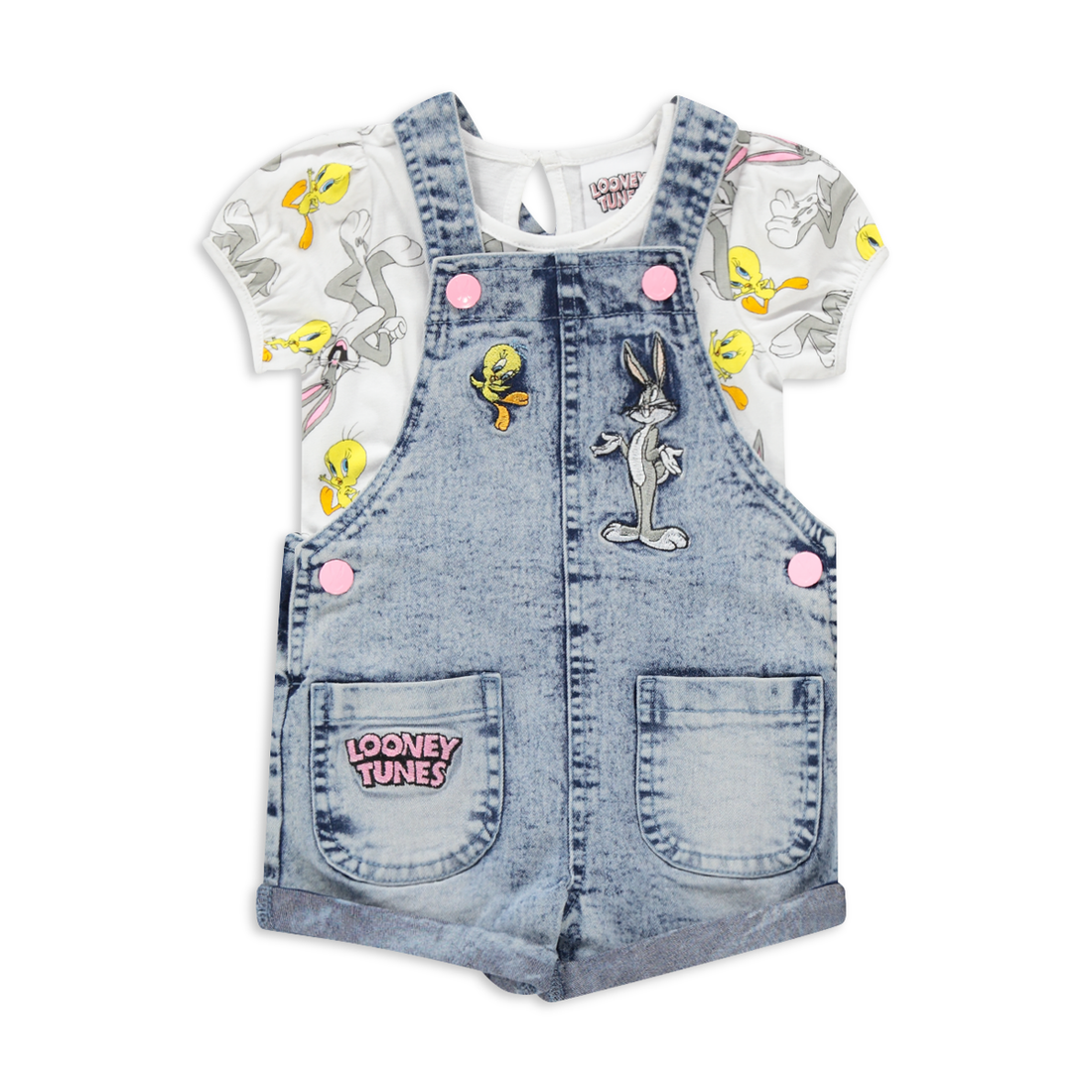 Looney Tunes denim dungaree set lt blue white-LIGHT BLUE-6-12 MTHS