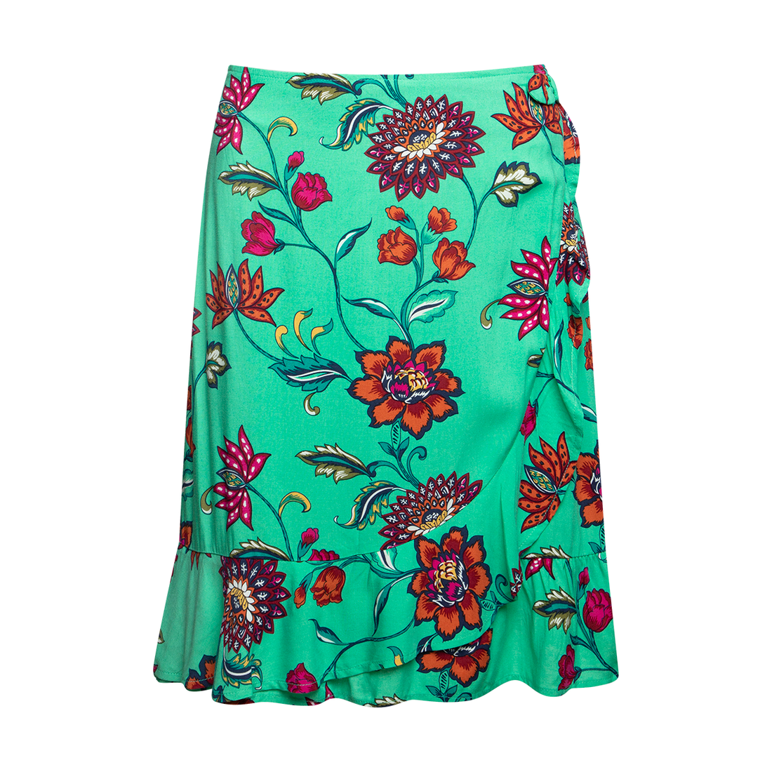 Woven midi viscose wrap skirt printed floral blue-TEAL-38