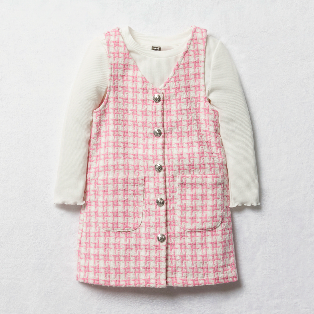 2 Pack check pinafore set rib tee pink-MID PINK-2-3 YRS