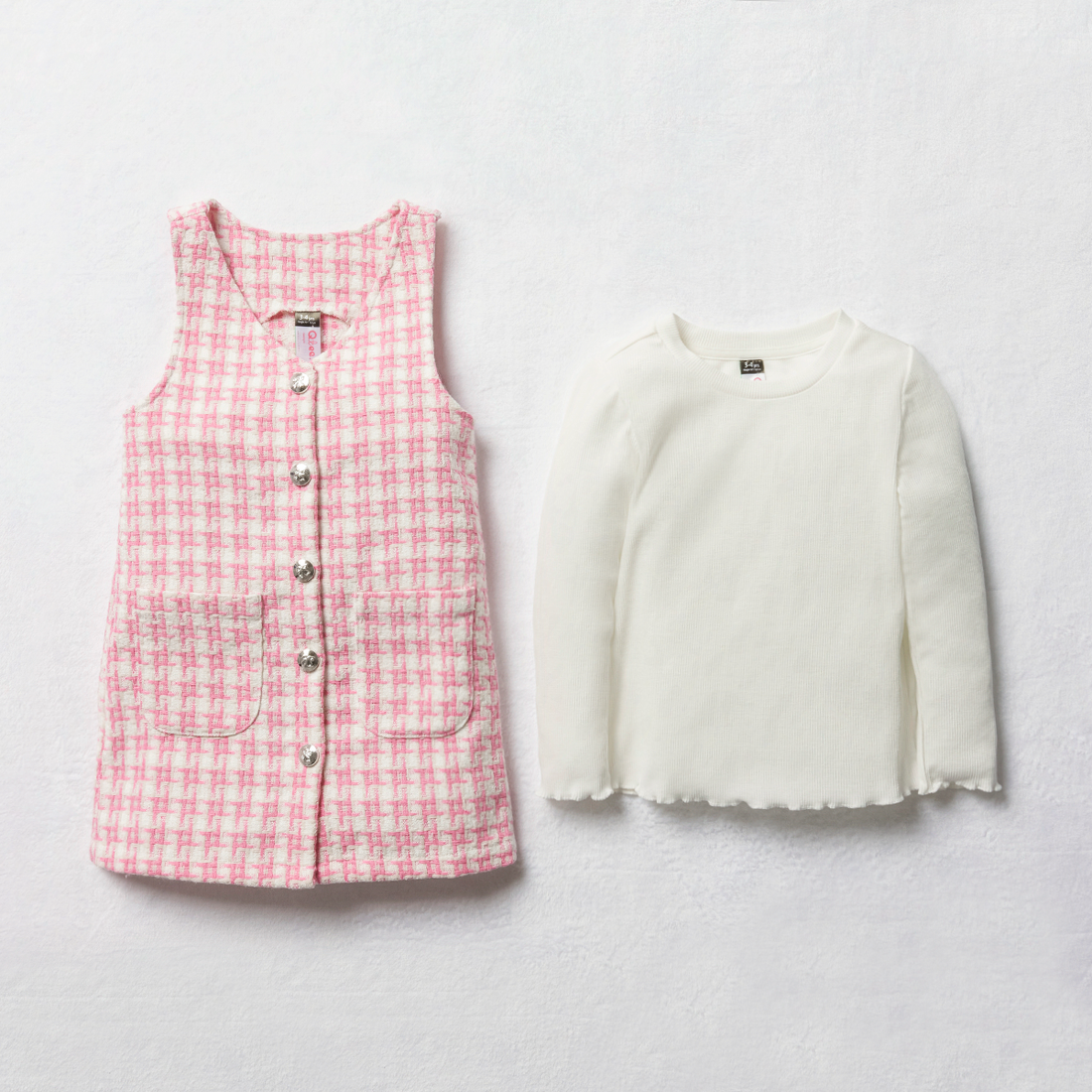 2 Pack check pinafore set rib tee pink-MID PINK-2-3 YRS