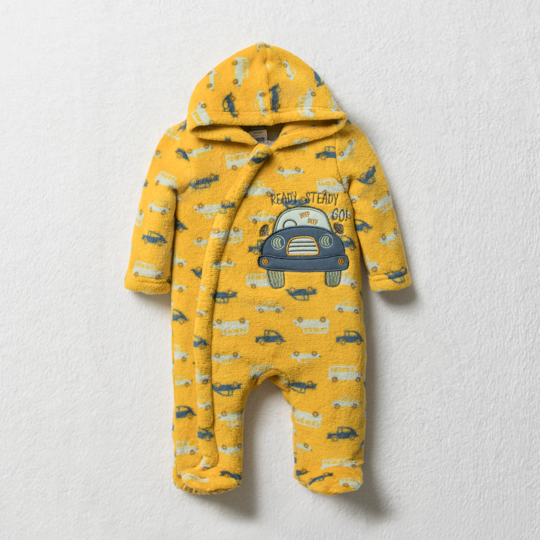 Coral fleece babygrow mineral yellow cars-OCHRE-0-3 MTHS