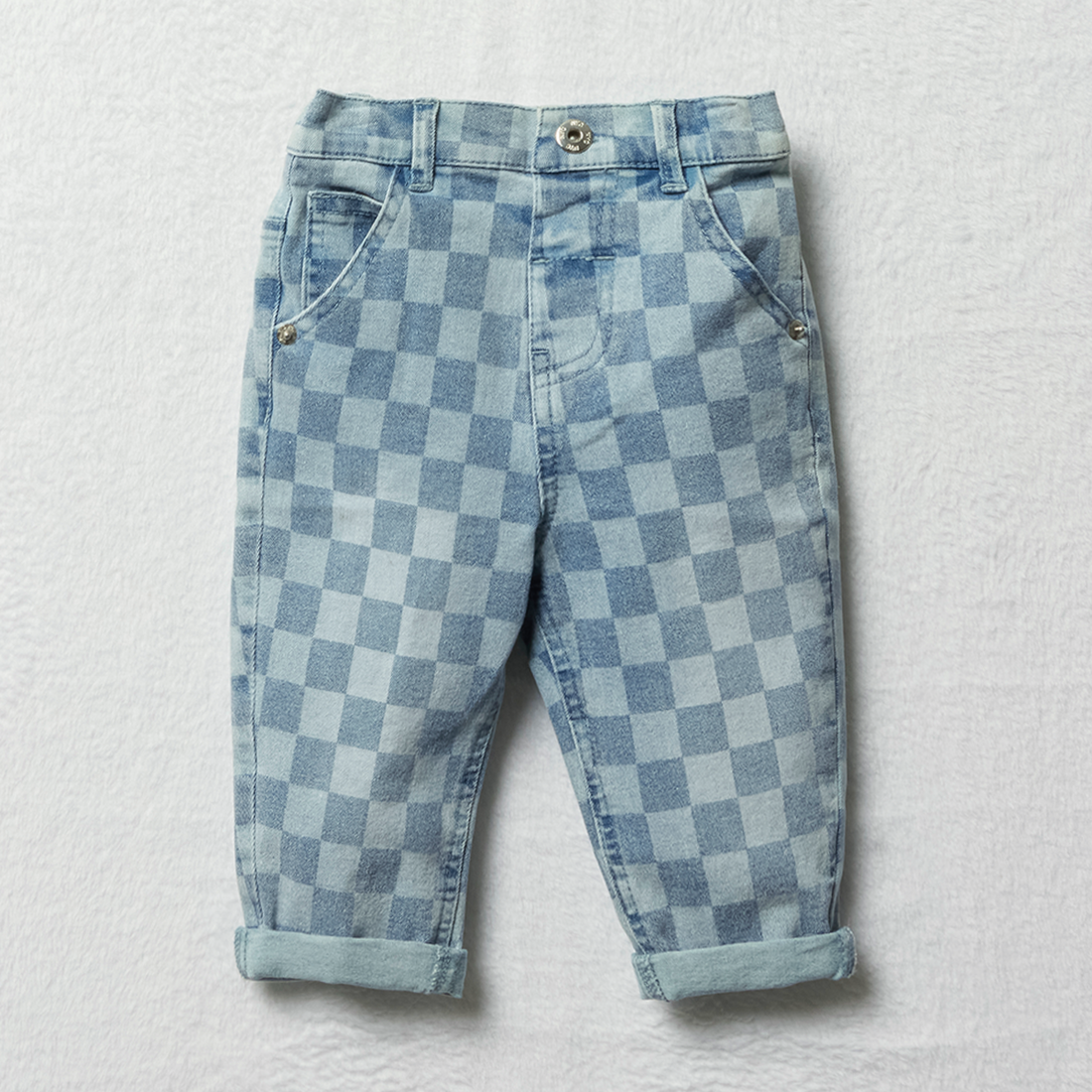 Printed checkerboard balloon denim trouser mid blu-MID BLUE-12-18 MTHS