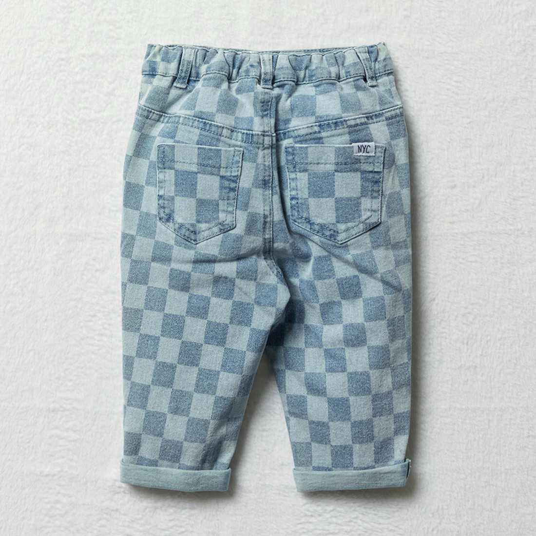 Printed checkerboard balloon denim trouser mid blu-MID BLUE-12-18 MTHS