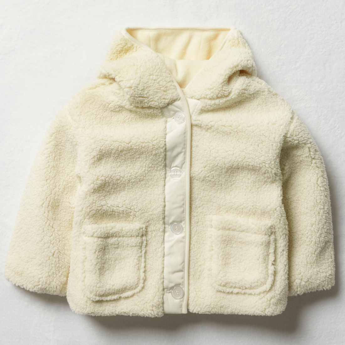 Hooded borg button through jacket milk-MILK-3-4 YRS