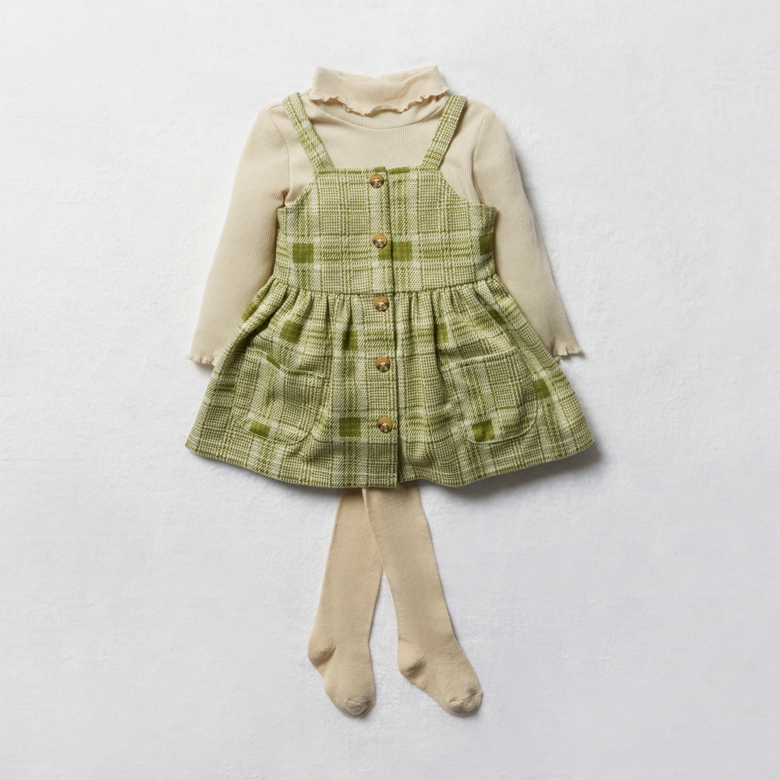 Check pinni set with tights sphagnum nude wool-FATIGUE-6-12 MTHS