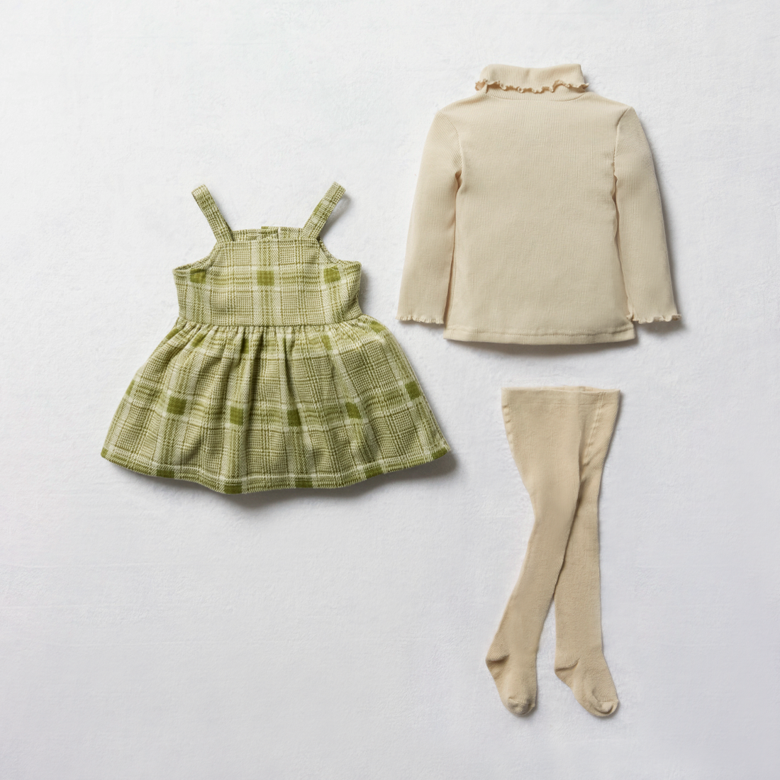 Check pinni set with tights sphagnum nude wool-FATIGUE-6-12 MTHS