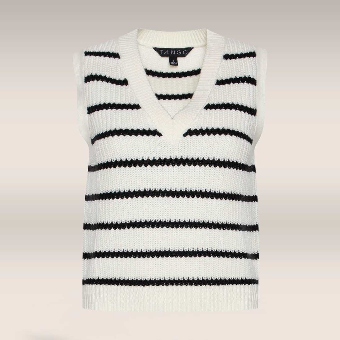 STRIPE V-NECK SLEEVELESS PULLOVER VANILLA BLACK-CREAM-M