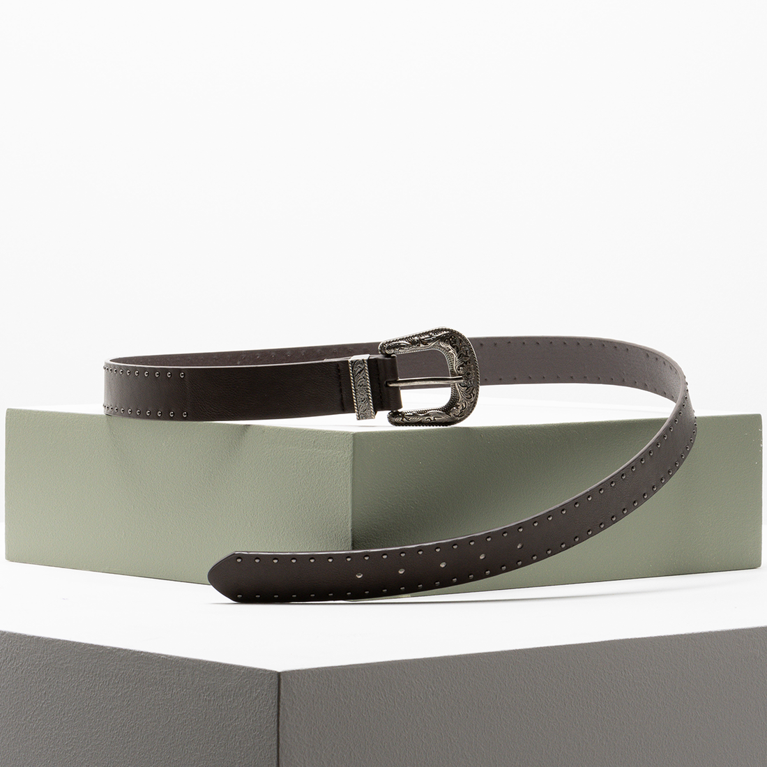 Silver buckle belt with studs chocolate-CHOCOLATE-S/M