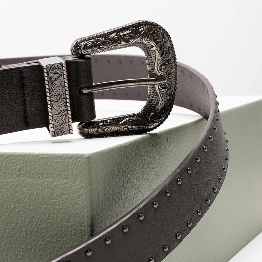 Silver buckle belt with studs chocolate-CHOCOLATE-S/M