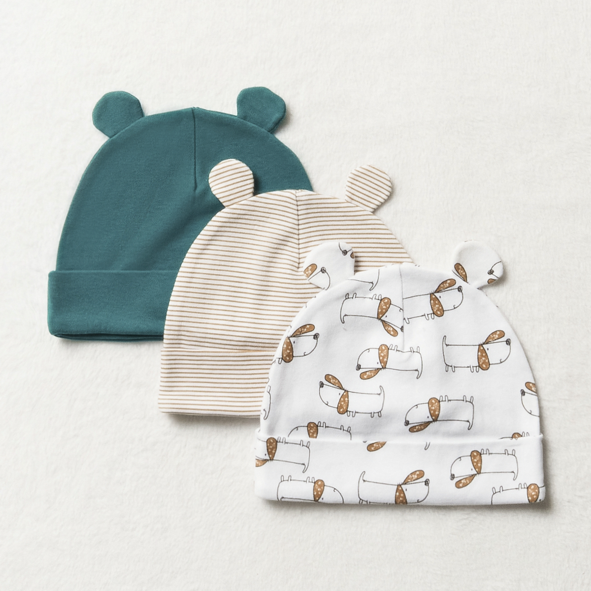 3PK HATS MFW BOY LITTLE PUPS PRINT-BEIGE-0-3 MTHS