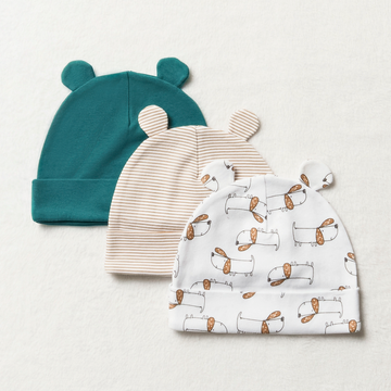 3PK HATS MFW BOY LITTLE PUPS PRINT-BEIGE-0-3 MTHS