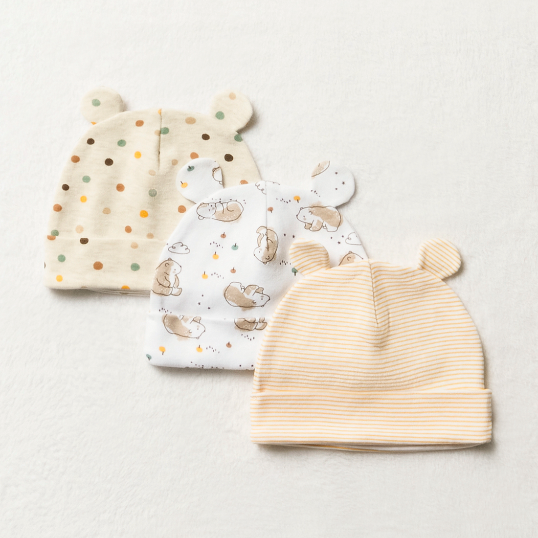 3PK HATS MFW UNI BEAR PRINT-OATMEAL-0-3 MTHS