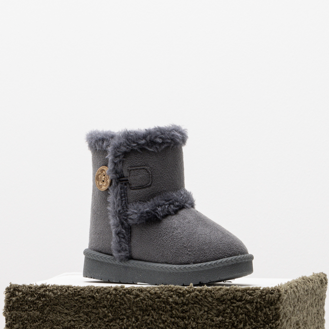 Button fur microfibre slipper high grey-DARK GREY-4