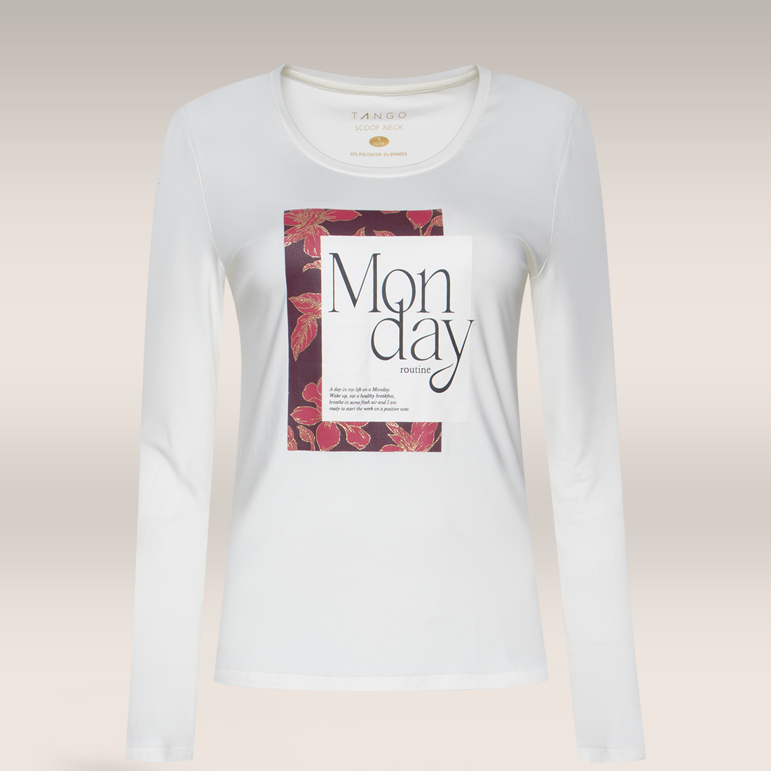 Scoop neck  long sleeve tee  Monday screen print c-CREAM-M