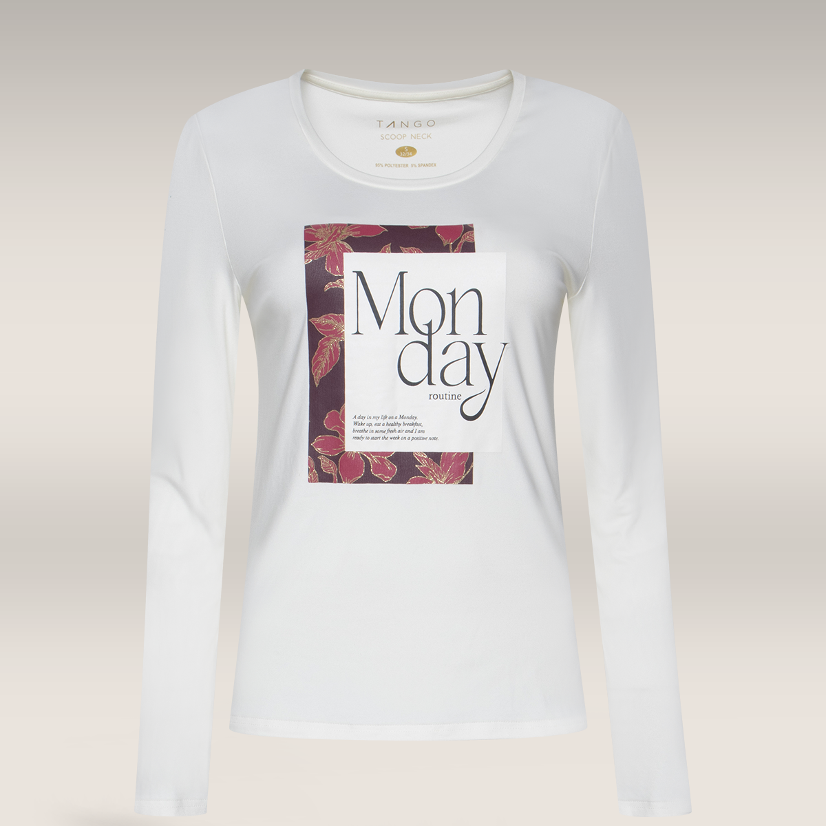 Scoop neck  long sleeve tee  Monday screen print c-CREAM-M