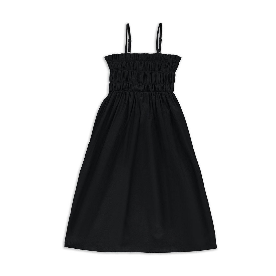 Black Smocked Trapeze Midi Dress-BLACK-7-8 YRS